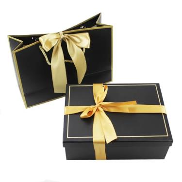 Imagem de Amonk Caixas de presente pretas para presentes 25 x 18 x 8,4 cm - Caixa de presente dobrável de papelão resistente premium com fita dourada, caixas de presente para joias, lembrancinhas de casamento