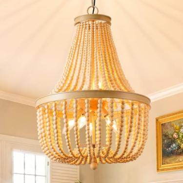 Imagem de SUNOVO Luminária De Lustre Com Contas, Luminária De Teto Boho Com Contas De Madeira De 8 Luzes, Montagem Embutida, Lustre Boho Com Contas Para Sala De Jantar, Quarto, Cozinha, Entrada, Sala De Estar