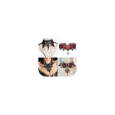 Imagem de 4 peças/conjunto de joias sexy de Halloween, feminino, elegante, gótico, steampunk, gótico, gótico, gargantilha de renda, preto, vermelho, gola de aranha, colar com pingente vitoriano, steampunk