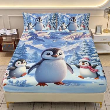 Imagem de AILONEN Jogo de lençol casal com desenho de pinguim fofo, estampa de pinguim e neve, 3 peças, para decoração de quarto, 1 lençol com elástico + 2 fronhas