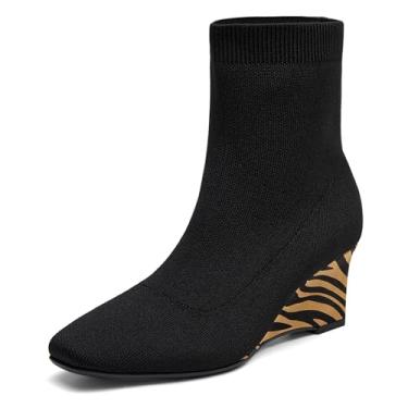 Imagem de NEWBELLA Botas femininas de malha elástica no tornozelo com bico fino, salto cunha, sapatos confortáveis de inverno com amortecimento macio para roupas casuais e elegantes, Padrão de zebra, 35