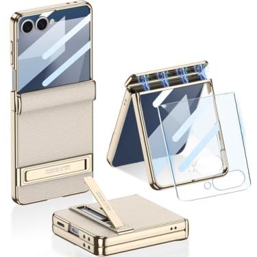Imagem de Capa de couro para Samsung Galaxy Z Flip 7 com suporte invisível e protetor de tela integrado e proteção magnética de dobradiça, capa de couro PU à prova de choque para Samsung Z Flip 7 (bege)