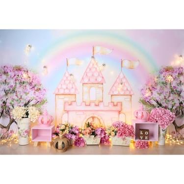 Imagem de Baocicco Pano de fundo de castelo rosa de 3 x 2,1 m para fotografia de arco-íris, árvore, flor, torre floral, coroa, casamento, feliz aniversário, decoração de festa de princesa, para meninas, adultos