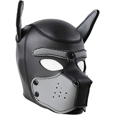 Imagem de jecrizy Máscara de cabeça de cachorro com capuz de neoprene, máscara facial de neoprene, máscara de Halloween, fantasia de festa novidade (grande, cinza)