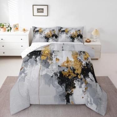 Imagem de jejeloiu Conjunto de edredom Queen geométrico abstrato dourado preto e cinza, para meninos e meninas, decoração de quarto, 3 peças, com 2 fronhas, microfibra