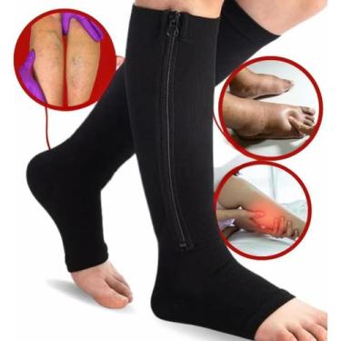 Imagem de Meia de Compressão ¾ Zíper Anti Inchaço Pes Pernas Varizes Cor Preta -