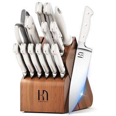 Imagem de Conjunto de facas, 15 peças, conjunto de facas de cozinha, conjunto de facas de chef japonesas de aço inoxidável de alto carbono com bloco e afiador, conjunto de facas premium para cozinha, acácia