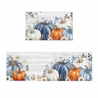 Imagem de BABE MAPS Tapetes de cozinha de abóbora azul outono 2 peças outono azul laranja folhas de eucalipto tapete absorvente antiderrapante tapete de cozinha grão de madeira tapetes para pia lavanderia 46x76