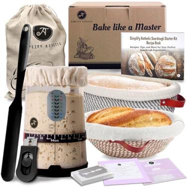 Imagem de Kit inicial de massa fermentada com pote de 1000 ml, 2 cestos à prova de corda de algodão (23 cm redondos e 25 cm oval), livro de receitas, termômetro, lame, espátula de silicone e saco de pão