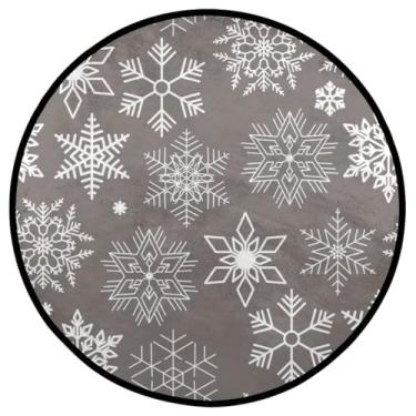Imagem de Tapete redondo de 90 cm, flocos de neve de Natal, antiderrapante, lavável, tapete redondo, flocos de neve brancos, tapete circular para sala de estar, quarto, sala de jantar, entrada, sofá, decoração