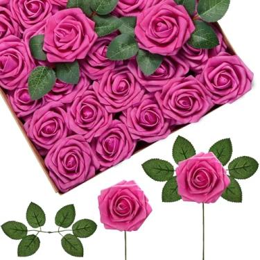 Imagem de InnoGear Flores artificiais, 50 peças de rosas falsas vermelho-violeta de espuma de rosa fúcsia a granel com hastes para decoração faça você mesmo, buquês de casamento, centros de mesa, chá de panela