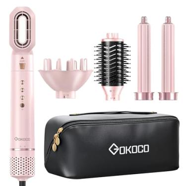 Imagem de GOKOCO Escova Secador de Cabelo Profissional 5 em 1 - Kit Modelador com Bocal, Difusor, Escova Secadora, 2 Modelador de Cachos, íons Negativos Alta Velocidade Para Secar, Alisar e Enrolar, GD031 220v Rosa