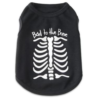 Imagem de DroolingDog Camiseta de cachorro esqueleto de Halloween, design Bad to The Bone, para animais de estimação de tamanho pequeno, preta e branca (pequena (1,5 a 2,5 kg))