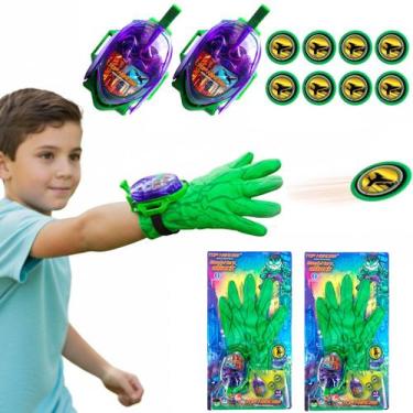 Imagem de Kit 2 Luva Super Herói Dispara Discos Top Hero Brinquedo Huk Verde com
