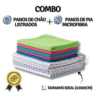 Imagem de 3 panos de pia microfibra coloridos + 5 panos de chão listrados limpez