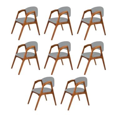 Imagem de Conjunto com 8 Cadeiras de Jantar Estofada Gabriela em Madeira e Mdf Cerejeira Linho Cinza