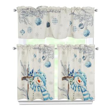 Imagem de Zifmrtrwn Cortinas de cozinha de Natal, conjunto de 3 peças, cortinas de pinheiro de boneco de neve, saia e camadas para cozinha, casa, interior, café, 91 cm, cortina de janela curta sobre a pia