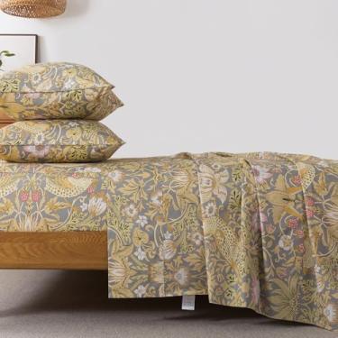 Imagem de FADFAY Jogo de lençol solteiro 100% algodão, 4 peças cinza vintage estampa floral pássaro, lençóis macios e respiráveis, lençol com elástico alto, lençol de cima e fronhas, roupa de cama de algodão