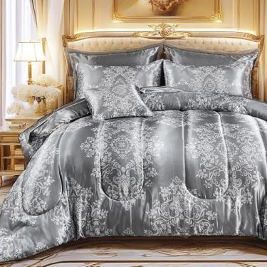 Imagem de MOVE OVER Conjunto de edredom de cetim cinza, 8 peças, cama king size de seda em uma bolsa, macio e elegante, floral, boêmio, chique, conjunto de cama de luxo