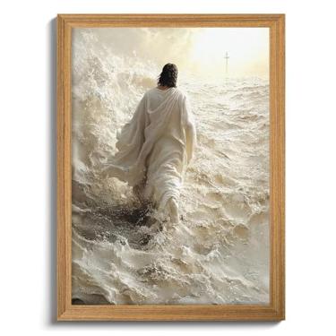 Imagem de Arte de parede emoldurada Jesus anda na água – Cristo e Cruz Pintura texturizada 3D abstrata – Impressão de decoração de casa cristã moderna – Arte clássica inspiradora para sala de estar quarto 30,5