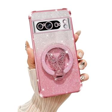 Imagem de Tesazxcn Capa de celular para Google Pixel 8 Pro [compatível com Magsafe] com suporte de borboleta e cordão macio TPU brilhante transparente à prova de choque capa para Google Pixel 8 Pro, ouro rosa