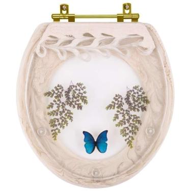 Imagem de Assento Sanitário Decorado Oval Convencional Creme Com Borboleta Azul Com Ferragem Dourada