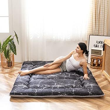 Imagem de MAXYOYO Colchão de futon japonês estampado em mármore preto, almofada de dormir espessa, colchão de campismo, colchão dobrável para sofá-cama, colchão de hóspedes, tamanho casal