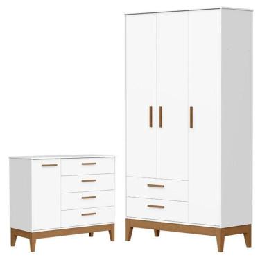 Imagem de Guarda Roupa Infantil Flip 3 Portas Com Cômoda Infantil Sapateira Flip Branco Acetinado - Reller