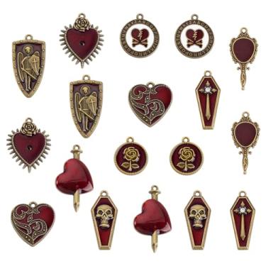Imagem de AHANDMAKER 18 peças pingentes estilo barroco caveira coração cruz caixão pingente de Halloween pingentes de coração pendurado pingentes góticos vermelhos para fazer joias, brincos faça você mesmo