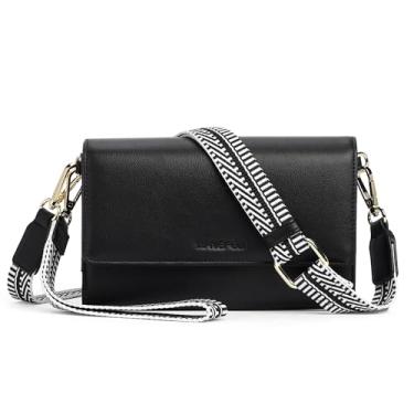 Imagem de YJ-NEFELI Pequena bolsa tiracolo feminina de couro vegano RFID mini bolsa de ombro bolsa de mão bolsa de viagem, Preto, Suporte para celular de grande capacidade, compartimentos para cartão de crédito