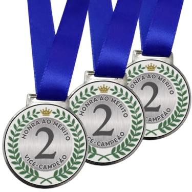 Imagem de Kit 15 Medalhas Para Premiação De Campeão Competição de Esportes Honra ao Mérito 50mm Com Fita Azul (2º lugar Prata)