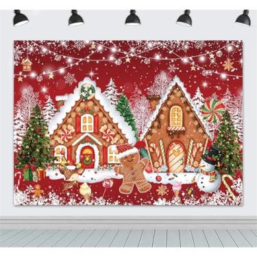 Imagem de ZhrGoflli 2,1 x 1,5 m Pano de fundo de pão de gengibre de Natal pirulitos rosa casa de gengibre fotografia tema natal decoração banner