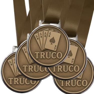 Imagem de Kit 5 Medalhas Para Jogo De Truco 50mm game de cartas baralho Com Fita Marrom