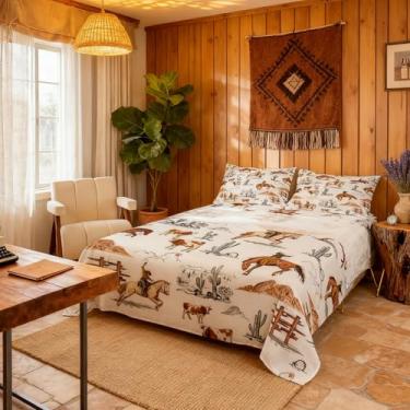 Imagem de Castle Fairy Jogo de lençol casal caubói ocidental, estilo vintage do sudoeste, decoração de quarto de crianças, adolescentes, cacto, vaca e cavalo, animais, 4 peças (1 lençol com elástico + 1 lençol