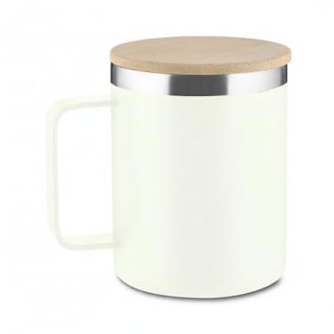 Imagem de Caneca Térmica 400ml Parede Dupla com Tampa de Bambu Branca