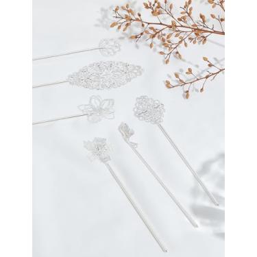 Imagem de 6 peças de palitos de cabelo de metal de flor prateada, grampos de cabelo de ferro de latão e liga de zinco, acessórios de cabelo para mulheres, estilo e maquiagem, salão doméstico, acessórios finos