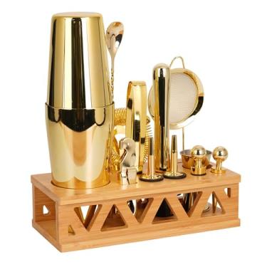 Imagem de JWJIUEJIU Conjunto de coqueteleira kit de bartender com suporte de bambu, conjunto de ferramentas de barra de aço inoxidável de 13 peças para bartender profissional e casa (ouro)