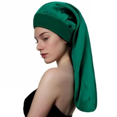Imagem de Touca de dormir longa para cabelos cacheados lisos, capôs de cabelo extragrande para dreadlo e tranças, touca de dormir de cetim para mulheres - acessórios de banheiro - proteção UV (verde)