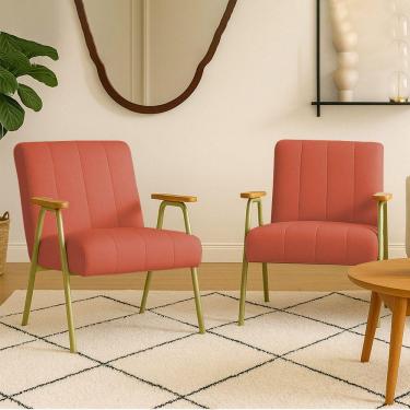 Imagem de Poltrona Sala Decorativa Industrial Dourado Kit 2 Laurita Linho K01 - D'rossi Cor Salmão