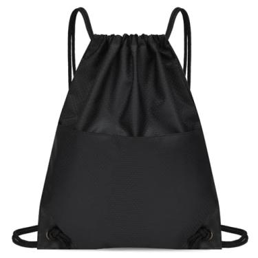 Imagem de Mochila com cordão, bolsa impermeável de tecido Oxford, com cordão nas costas e bolso com zíper para esportes, viagens ao ar livre