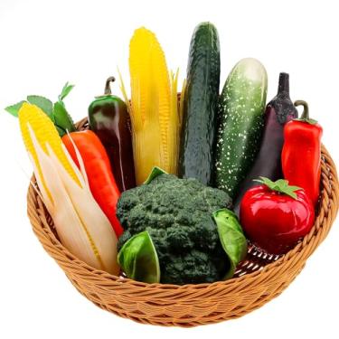 Imagem de Meiwlong 10 peças de vegetais falsos, decoração de plástico realista de frutas e vegetais, vegetais artificiais para decoração de cozinha doméstica, vegetais falsos brócolis e pimenta para exibição de