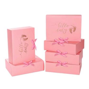 Imagem de Ssyuysto 6 peças Caixa de presente para bebês meninas com caixa rosa Hello Baby Tie Closure Embalagem de lembrança para chá de bebê recém-nascido bem-vindo presentes de batizado