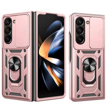 Imagem de RKINC Capa para Samsung Galaxy Z Fold 5 com capa deslizante para câmera e anel giratório com suporte de grau militar à prova de choque com suporte magnético para carro, ouro rosa