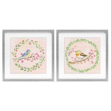 Imagem de Stupell Industries Spring Branches & Wreath Birds 2 Peças Impressão Emoldurada Bétula Conjunto de Vidro Design por Elena Fay, 13 x 13