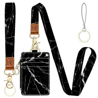 Imagem de Porta-crachá de identidade 2 em 1 de mármore preto e carteira com cordão para professores, enfermeiras, profissionais - linda bolsa de moedas com zíper, alça de pulso removível e cordão de pescoço, 5