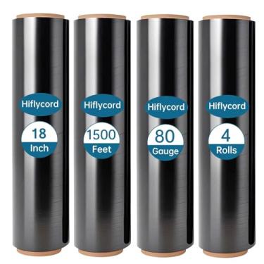Imagem de Hiflycord Rolo de plástico de filme elástico preto de 45,7 cm e 3,5 m, calibre 80 de força industrial, envoltório retrátil resistente para mudança, envio e embalagem de paletes (pacote com 4)
