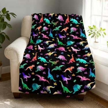 Imagem de Cobertor colorido de lã de dinossauro 101,6 x 127 cm para sofá cama, cobertor de flanela de microfibra super macio e aconchegante leve para mulheres, homens e crianças