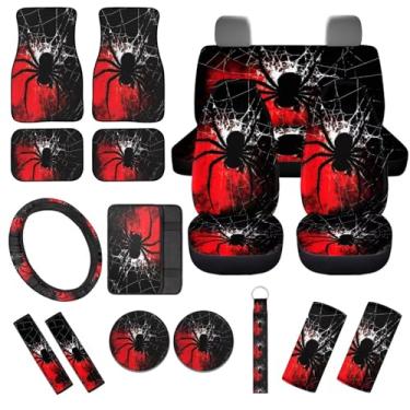 Imagem de Wunvihay Gothic Spider 17 peças acessórios de carro capas de assento conjunto completo capa de volante tapetes de chão almofada de console central suportes de copo almofadas de cinto de segurança para