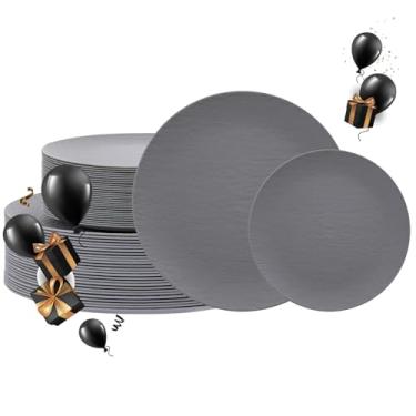 Imagem de WONDERFUL 32 peças de pratos de plástico cinza escuro pratos reutilizáveis inquebráveis e laváveis na máquina de lavar louça, conjunto de pratos ao ar livre inclui: 16 pratos de jantar 25,4 cm e 16