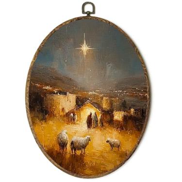 Imagem de Lengues Arte de parede oval de cordeiro de presépio vintage, decoração de parede oval de Jesus Cristão, Cottagecore noite estrelada, Natal, inverno, Natal, Natal, Natal, Natal, férias, tela para